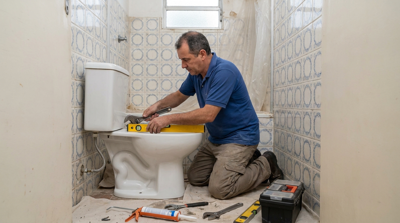 Técnico instalando vaso sanitário em Uberlândia‑MG